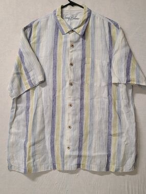 Tommy Bahama Multicolor Stripes Linen Short Sleeve Sport Men Shirt.XL BUTTONS Up
